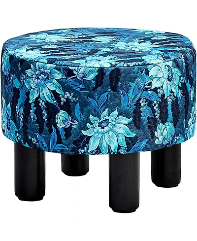 Slickblue Round Linen Footstool Ottoman with Non-Slip Pine Wood Legs