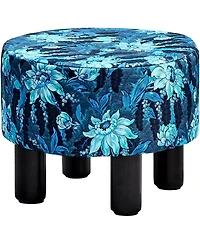 Slickblue Round Linen Footstool Ottoman with Non-Slip Pine Wood Legs