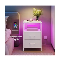 SongmicsHome Bedroom Bedside Table with Led Lights and Charging Station, Nightstand with 2 Drawer and 1 Shelf