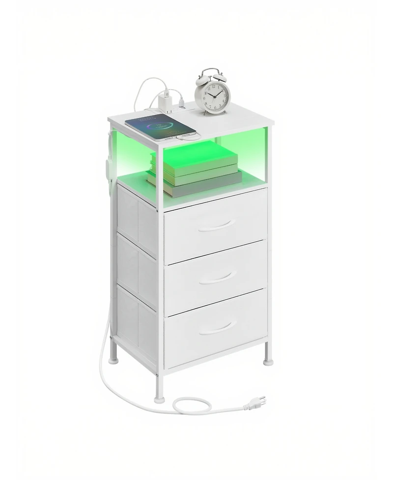 SongmicsHome Bedroom Bedside Table with Led Lights and Charging Station, Nightstand with 3 Drawers and 1 Shelf