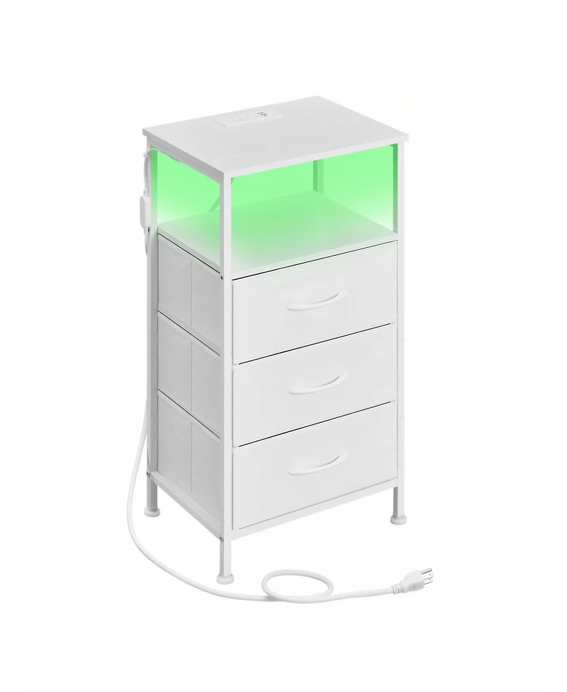 SongmicsHome Bedroom Bedside Table with Led Lights and Charging Station, Nightstand with 3 Drawers and 1 Shelf