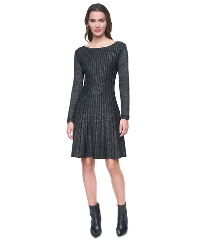 Dkny Petite Long-Sleeve Ribbed Fit-and-Flare Sweater Dress