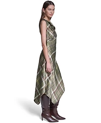 Halston Women's Cowl Neck Plaid Asymmetrical Midi Dress