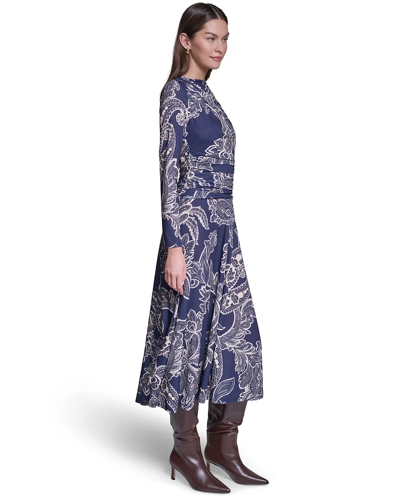Halston Women's Long-Sleeve Paisley-Print A-Line Midi Dress