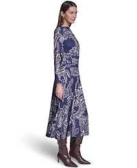 Halston Women's Long-Sleeve Paisley-Print A-Line Midi Dress