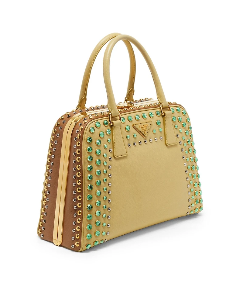 Pre-Owned Prada Women's Pyramid Stud and Crystal Embellished Saffiano Leather Satchel