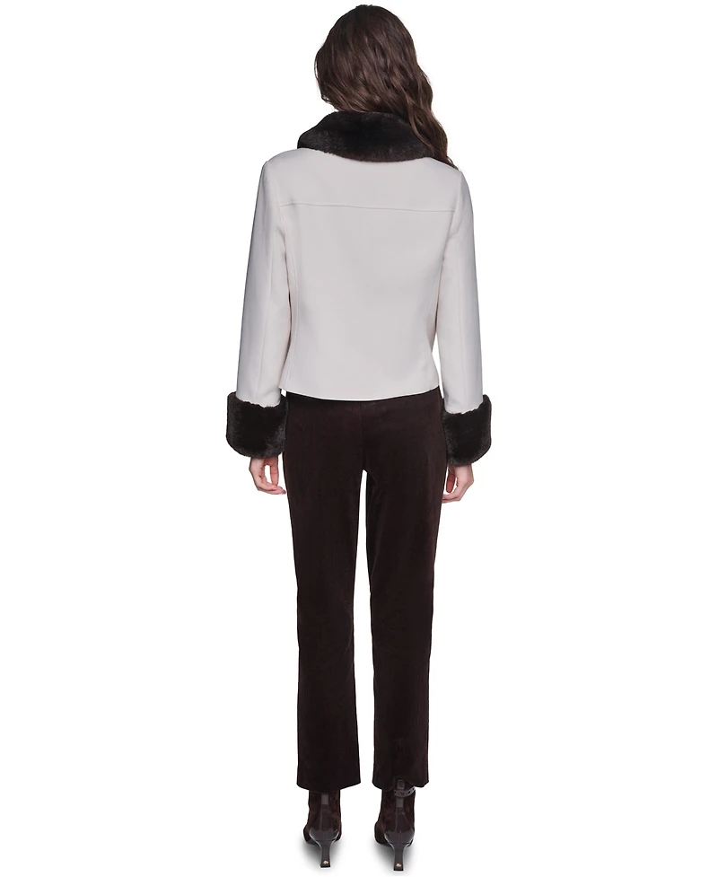 Karl Lagerfeld Paris Women's Faux-Fur Collar and Cuffs Short Jacket