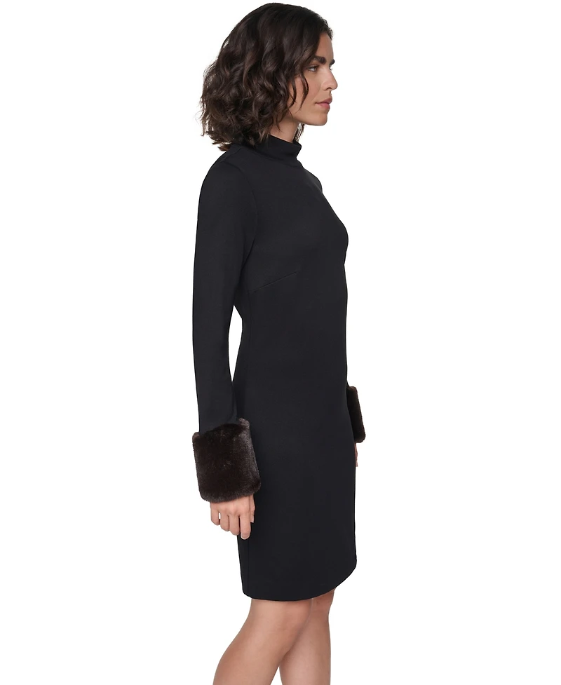 Karl Lagerfeld Paris Women's Faux-Fur Cuff Mock Neck Long-Sleeve Sweater Dress