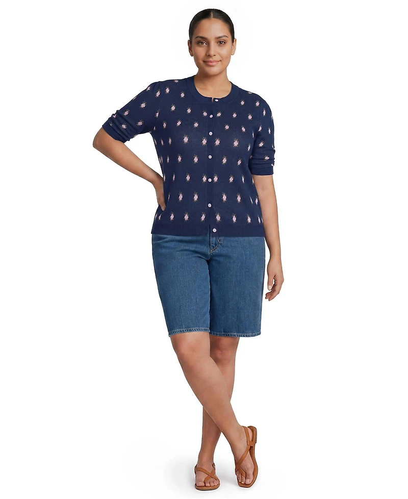 Lands' End Plus Ruched Sleeve Cardigan Sweater