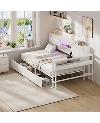 homfan Twin Corner Bed Frame with Storage, Charging Station Led Light, Metal Platform Bed with 2 Drawers, Adjustable Desk and Bookcase Headboard