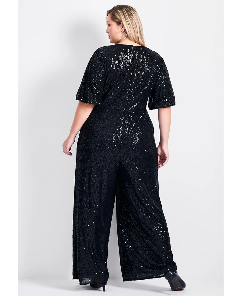 Avenue Women's Plus Nada Sequin Puff Sleeve Jumpsuit
