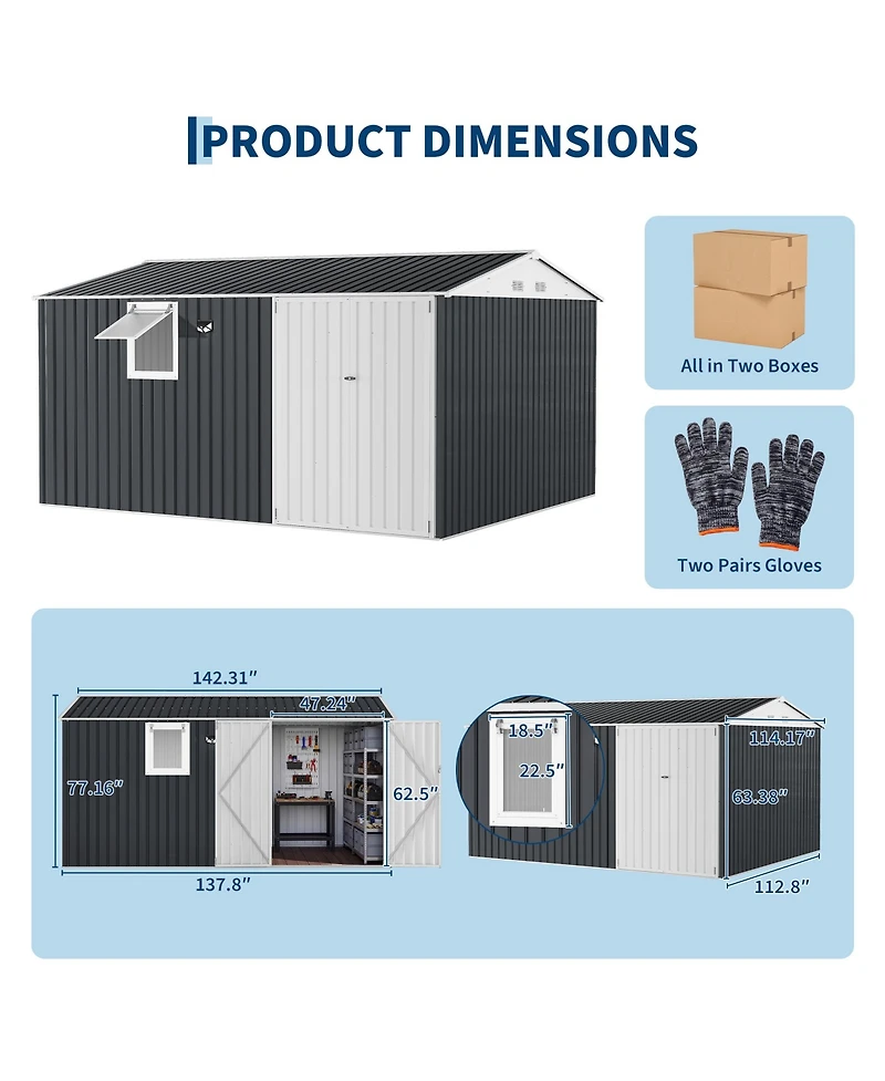 10 x Ft Outdoor Storage Shed with Window, Pegboard and Solar Light, Metal Tool for Garden, Backyard, Patio