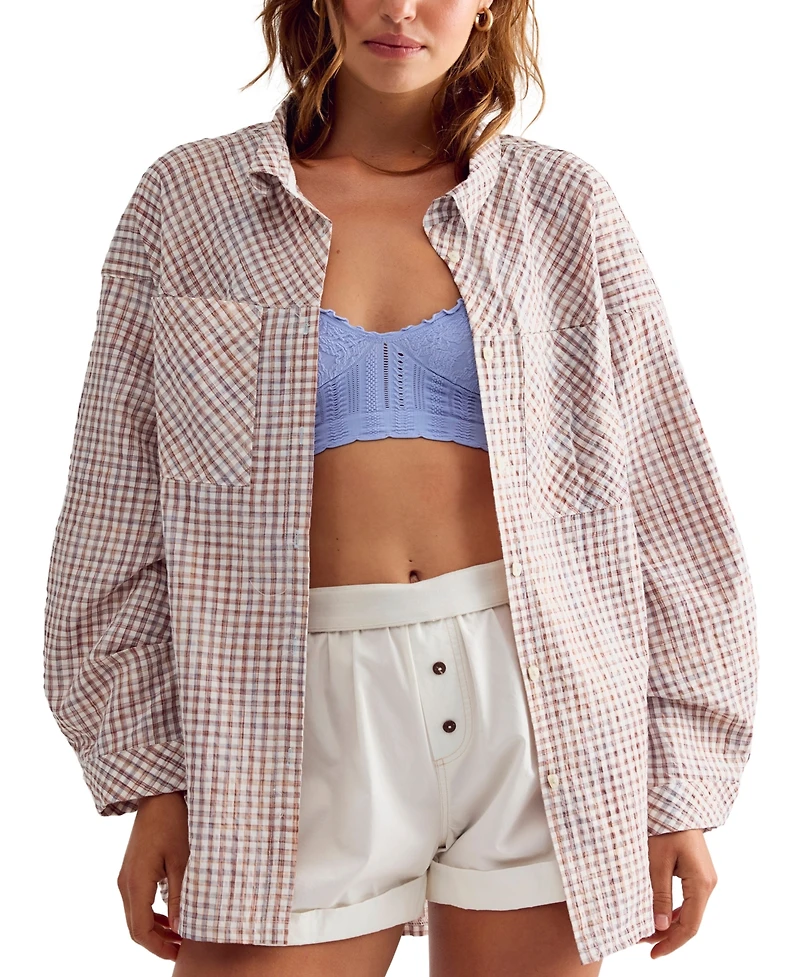 Free People Women's Cross My Heart Gingham Long-Sleeve Relaxed-Fit Sleep Shirt