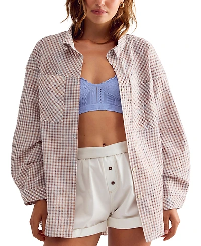 Free People Women's Cross My Heart Gingham Long-Sleeve Relaxed-Fit Sleep Shirt