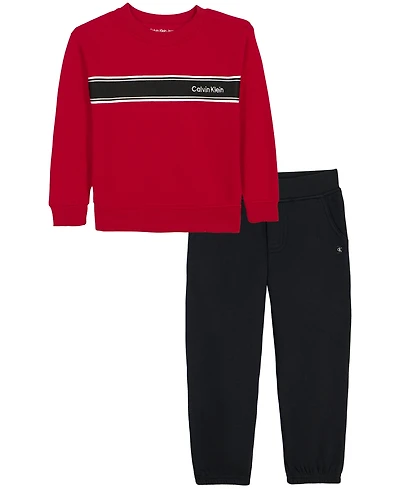 Calvin Klein Toddler and Boys' 4-20 Fleece Long-Sleeve Striped Sweatshirt Joggers, 2-Piece Set