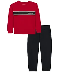 Calvin Klein Toddler and Boys' 4-20 Fleece Long-Sleeve Striped Sweatshirt Joggers, 2-Piece Set
