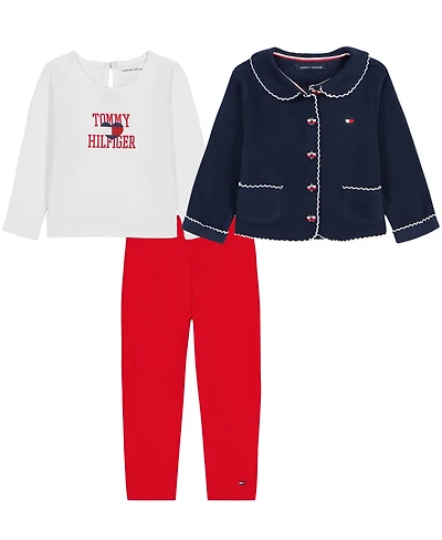 Tommy Hilfiger Girls' 2T-6X Peter Pan Collar Long-Sleeve T-Shirt, Jacket and Leggings, 3-Piece Set