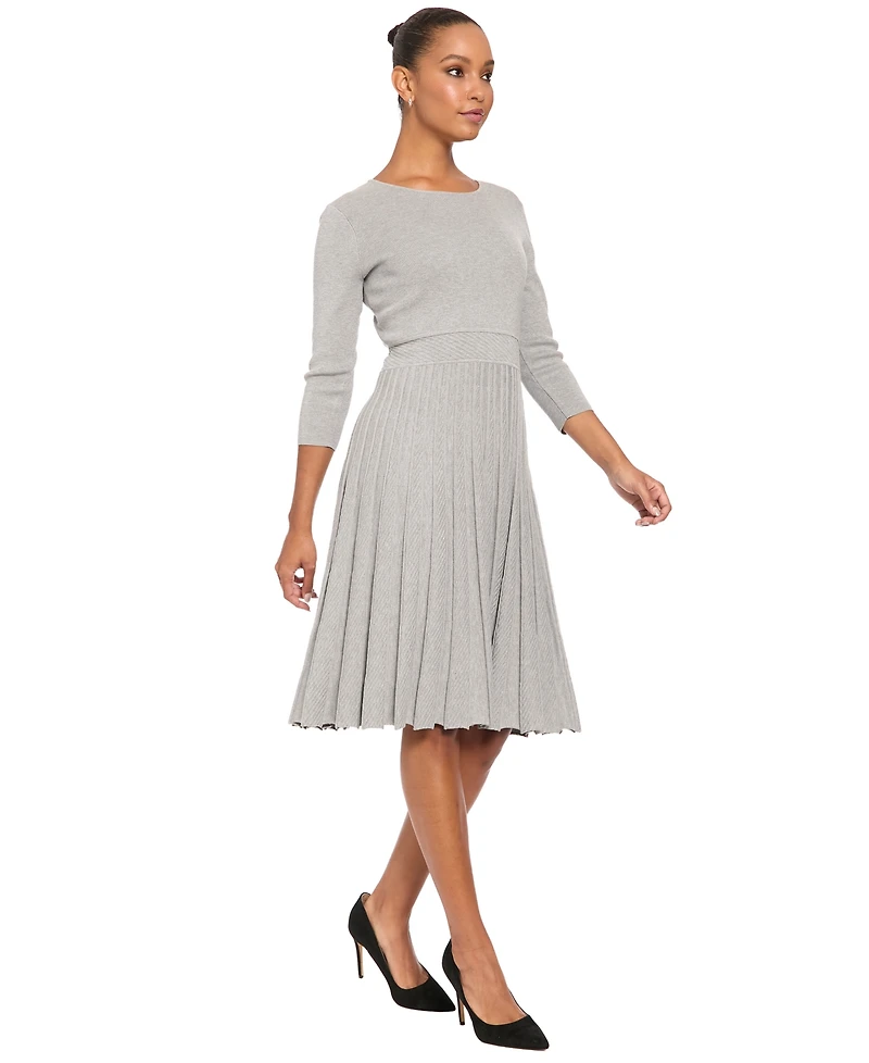 London Times Women's Fit & Flare Crewneck 3/4 Sleeve Sweater Dress