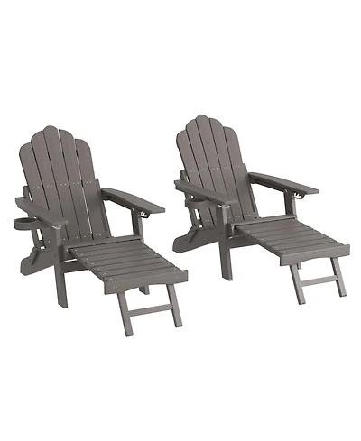 Sonkuki 2Pcs Folding Adirondack Chair with Retractable Ottoman, Weather Resistant Fire Pit Patio Cup Holder Lawn Outdoor Lounge