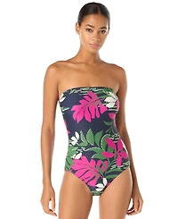 Carmen Marc Valvo Women's Floral-Print Bandeau One-Piece Swimsuit with Adjustable Straps