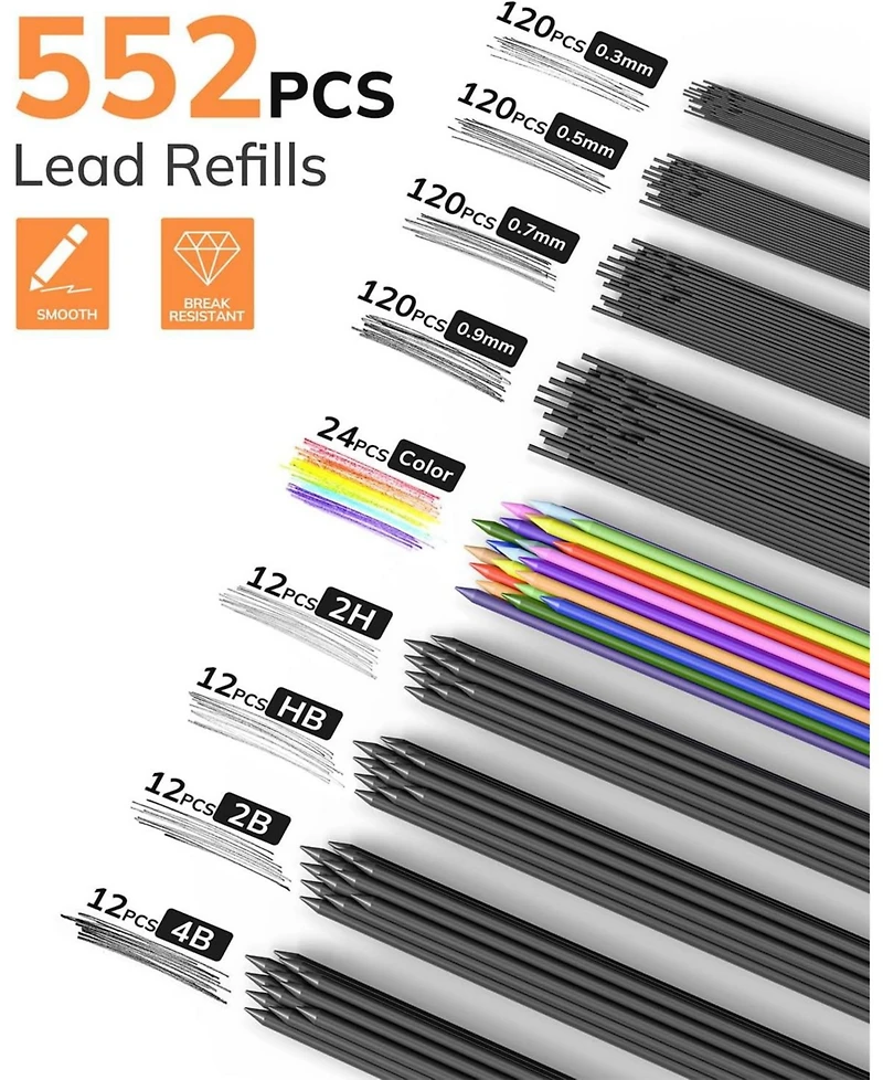 Four Candies 27Pieces Mechanical Pencil Set with Case, 0.3/0.5/0.7/0.9mm and 2mm Leads, Technical Drawing Kit