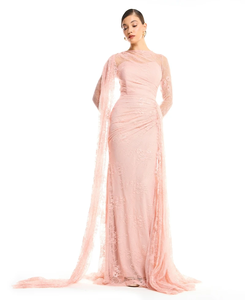 Amri Women's High Neck Lace Sheath Gown with Cape Sleeve - Long Train Evening Dress