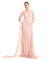 Amri Women's High Neck Lace Sheath Gown with Cape Sleeve - Long Train Evening Dress