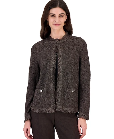 Kasper Petite Fringe Kissing Front Long-Sleeve Open-Front Cardigan