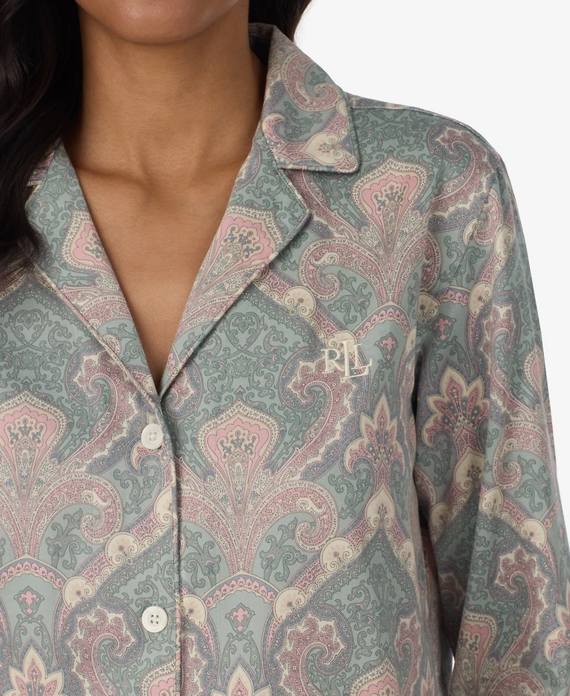 Lauren Ralph Petite Notch Collar Sateen Long Sleeve Pajama Top and Pants, 2-Piece Set