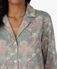 Lauren Ralph Petite Notch Collar Sateen Long Sleeve Pajama Top and Pants, 2-Piece Set