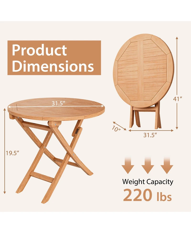 Mecale 31.5 in Round Folding Teak Coffee Table with 220-lb Capacity