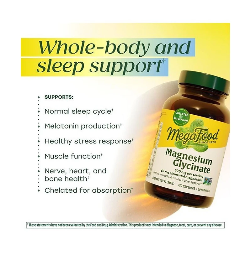 MegaFood Magnesium Glycinate 500mg Sleep and Stress Support 60 mg Elemental Magnesium 120 Capsules