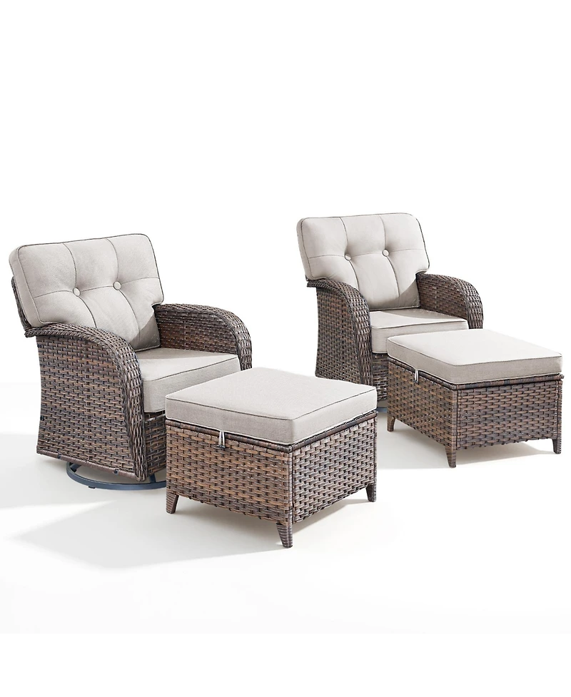 Pocassy 4 Pieces Patio Conversation Set, Wicker Chairs Set of 2 and Ottomans with Cushions, High Back Curved Armrest