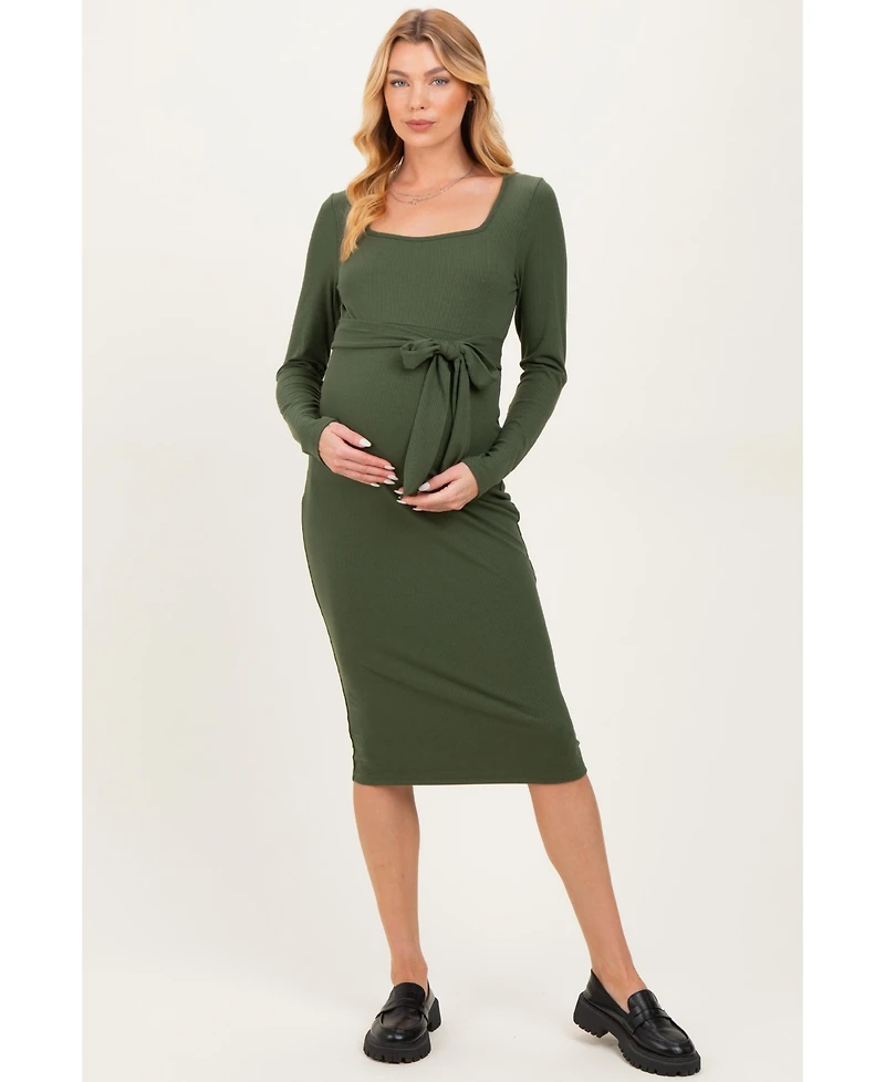 Pinkblush Women's Olive Ribbed Long Sleeve Square Neck Tie Belt Midi Dress