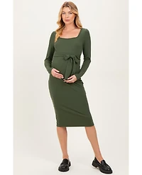 Pinkblush Women's Olive Ribbed Long Sleeve Square Neck Tie Belt Midi Dress