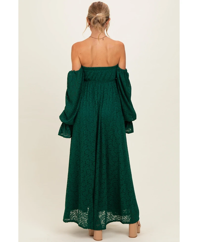 Pinkblush Women's Hunter Green Lace Floral Long Sleeve Photoshoot Gown/Dress