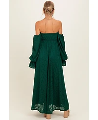 Pinkblush Women's Hunter Green Lace Floral Long Sleeve Photoshoot Gown/Dress