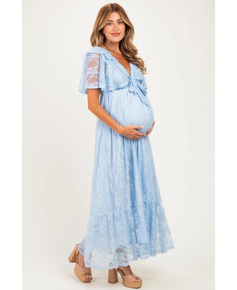 Pinkblush Women's Light Blue Lace Flutter Sleeve Tiered Maxi Dress