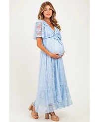 Pinkblush Women's Light Blue Lace Flutter Sleeve Tiered Maxi Dress