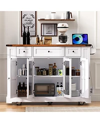 Streamdale Furniture 53" Farmhouse Kitchen Island with Glass Doors, Power Outlet and Drop Leaf