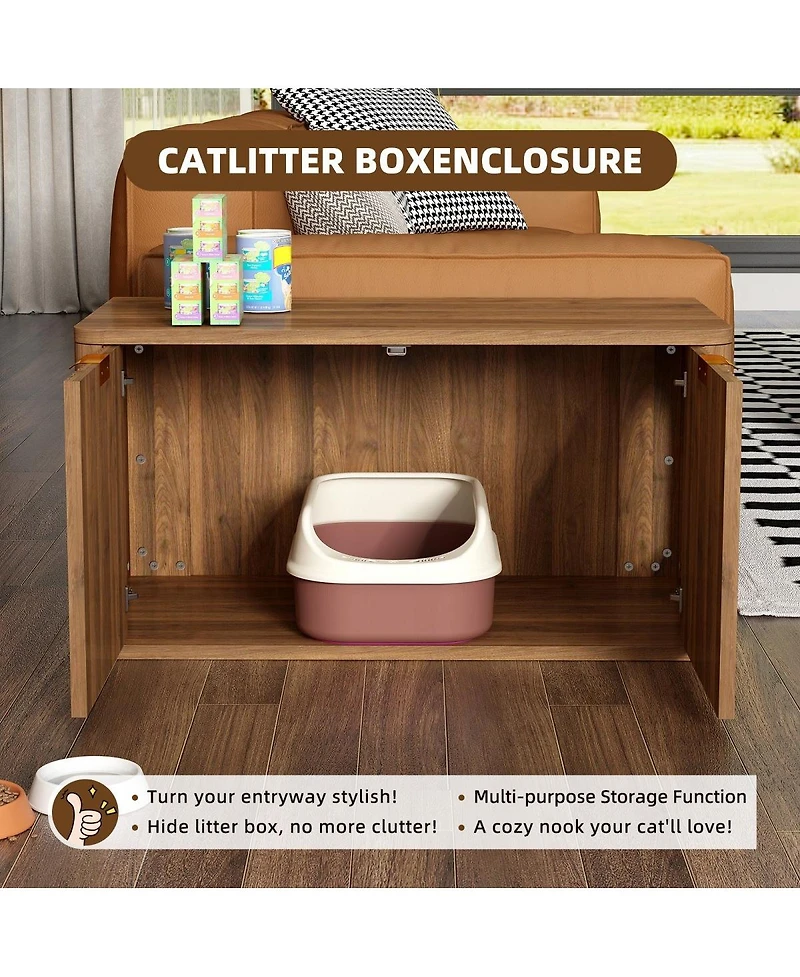 6thdruple 31.5" Modern Walnut Cat Litter Box Enclosure, Hidden Litter Cabinet with Fluted Design