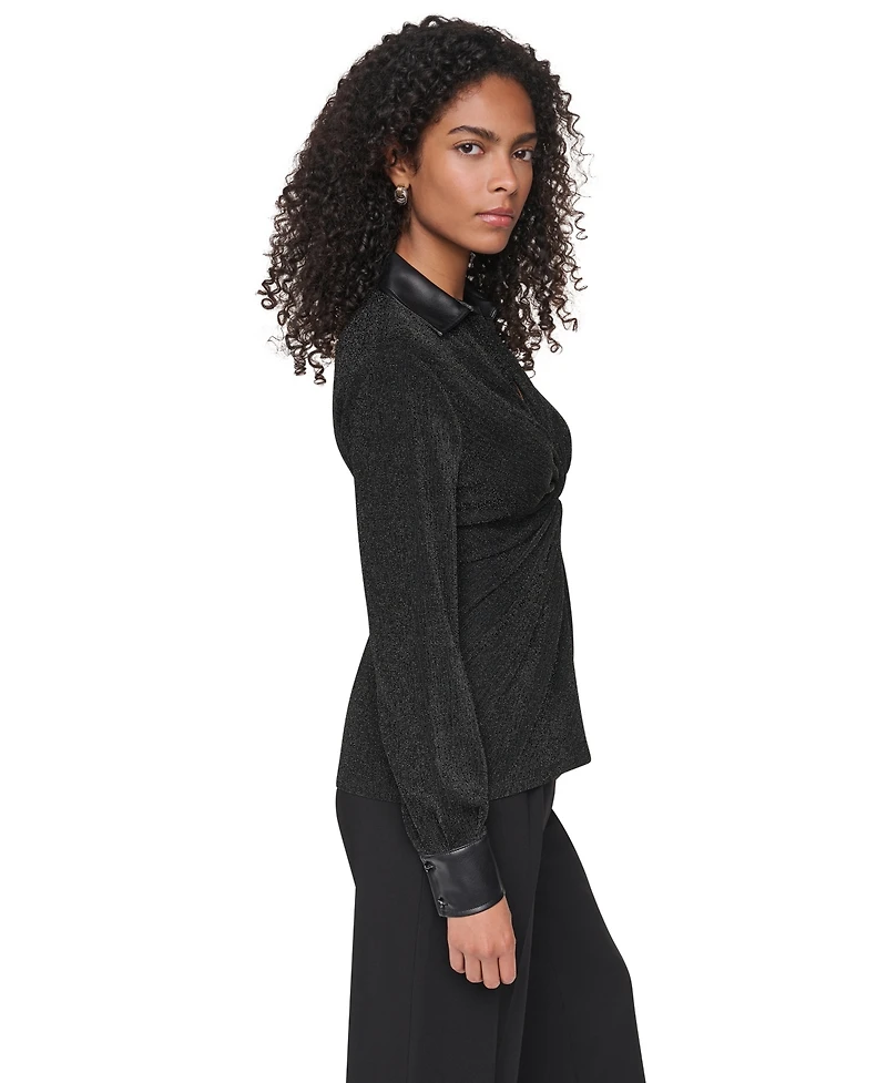 Dkny Women's Sparkle Knit Twist-Front Long-Sleeve Blouse