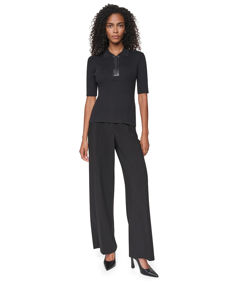 Dkny Women's Polo Short-Sleeve Ribbed-Knit Zip-Front Sweater