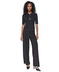 Dkny Women's Polo Short-Sleeve Ribbed-Knit Zip-Front Sweater