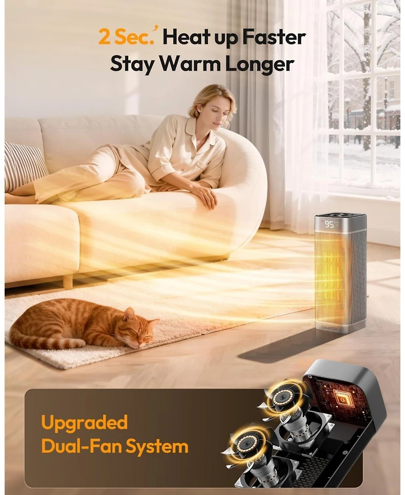 Space Heaters for Indoor Use, Portable Electric Heater with Thermostat, 1500W Ptc Ceramic Room Heater with Remote, 5 Modes, 60degree