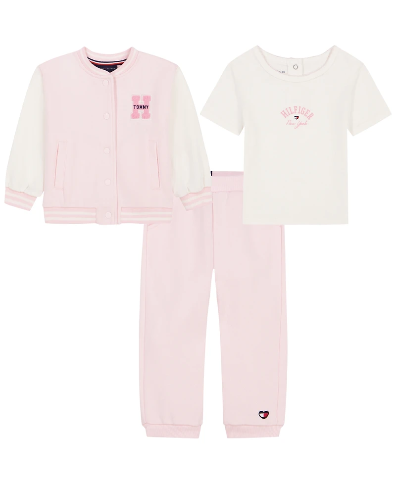 Tommy Hilfiger Baby Girls' Fleece Easy-On/Easy-Off Jacket, T-Shirt and Joggers, 3-Piece Set