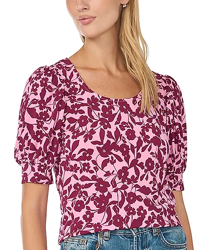 CeCe Women's Floral-Print Shirred Short-Sleeve Crewneck Blouse