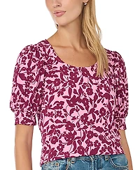 CeCe Women's Floral-Print Shirred Short-Sleeve Crewneck Blouse