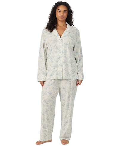 Lauren Ralph Lauren Plus Size Long-Sleeve Notch-Collar Floral-Print Top and Pajama Pants, 2-Piece Set