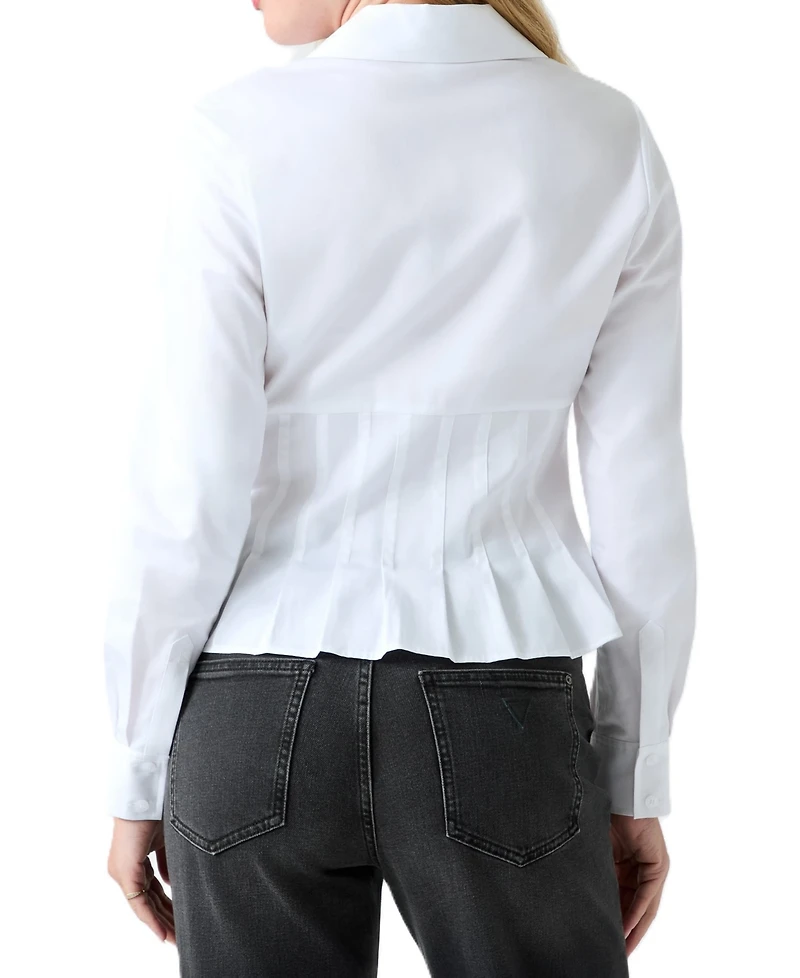 Guess Women's Serena Long Sleeve Collared Pleated Peplum Cotton-Blend Blouse